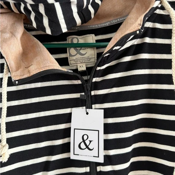 AMPERSAND AVE Black and White Striped Women's Hoodie with brown polka dot patch - Picture 2 of 3